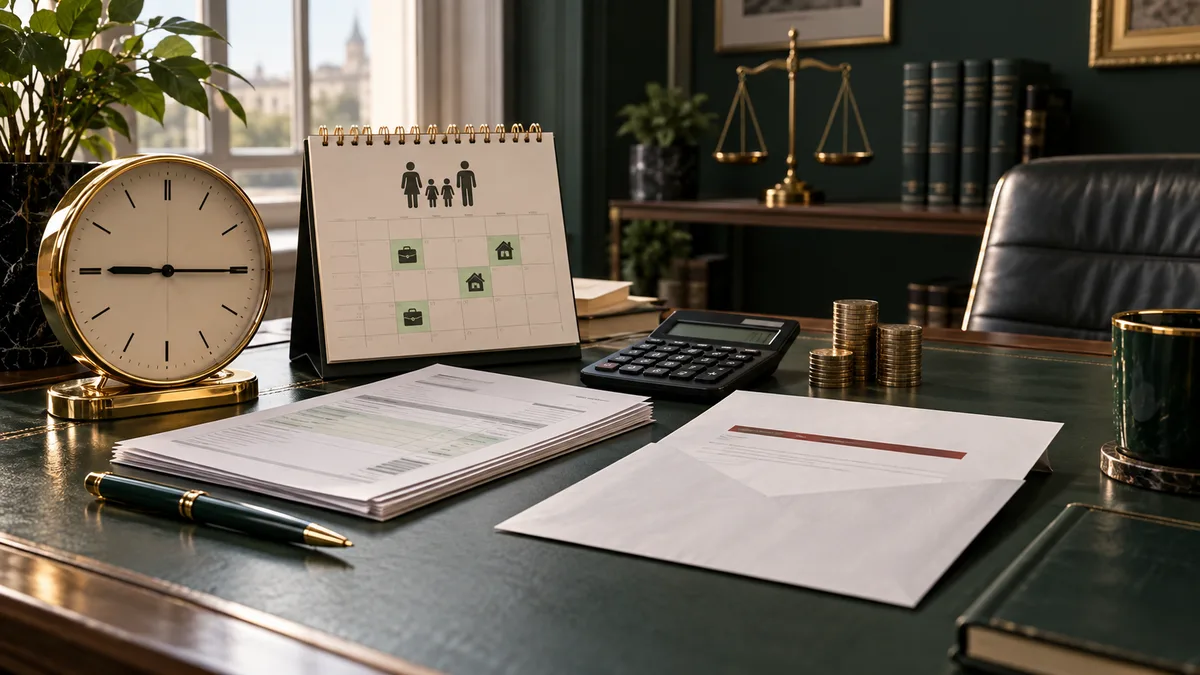 Reloj de jornada, calendario familiar, nómina y calculadora en un despacho jurídico
