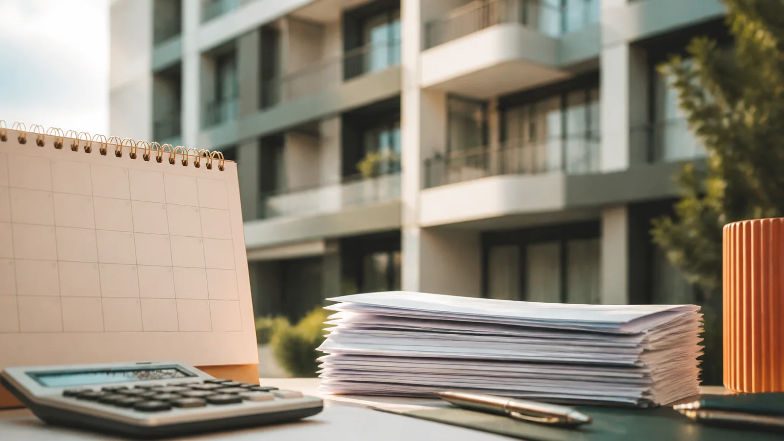 Edificio residencial con recibos comunitarios y calendario como símbolo de la prescripción de cuotas