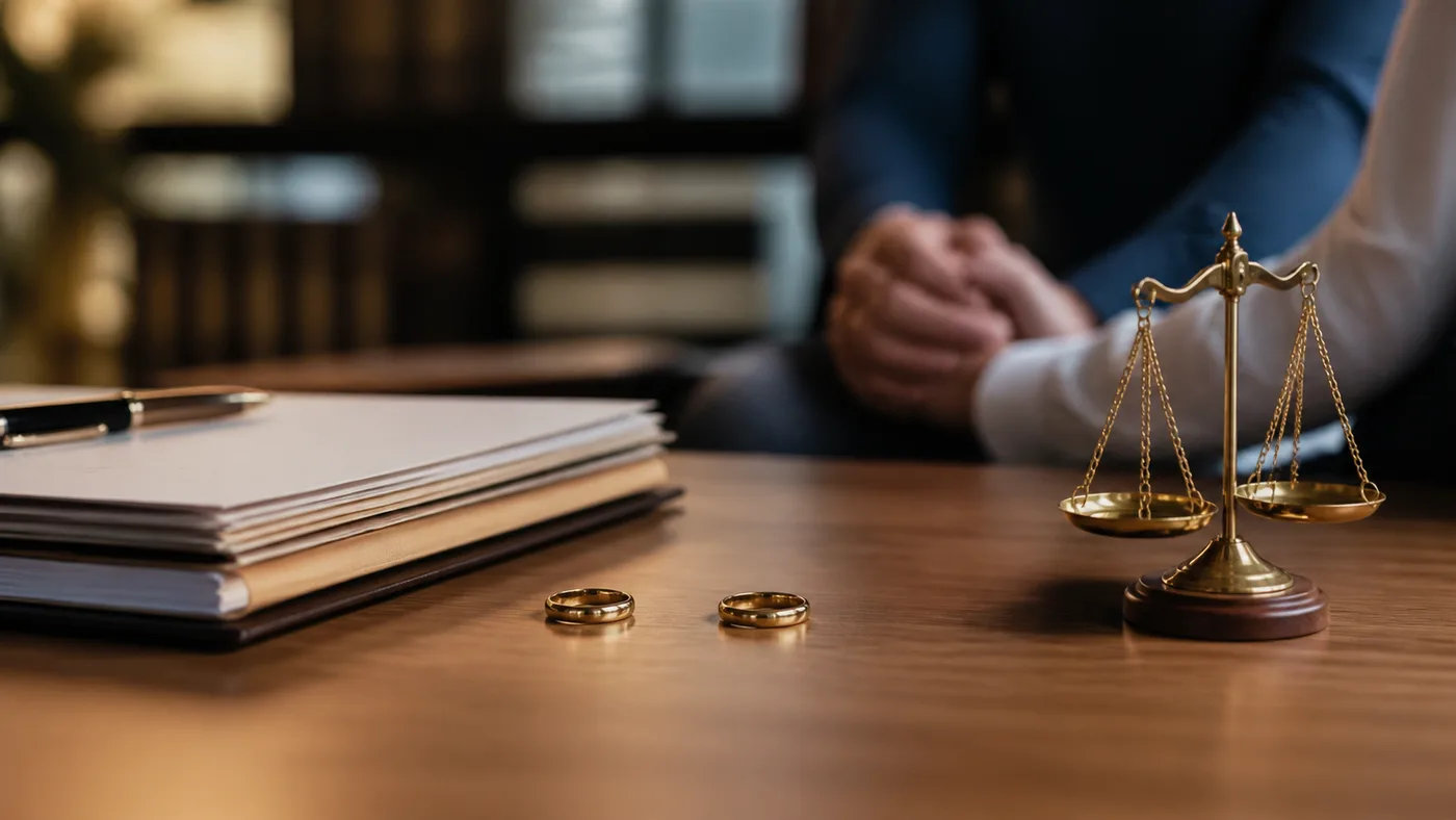 Anillos separados y documentación de familia en un despacho jurídico