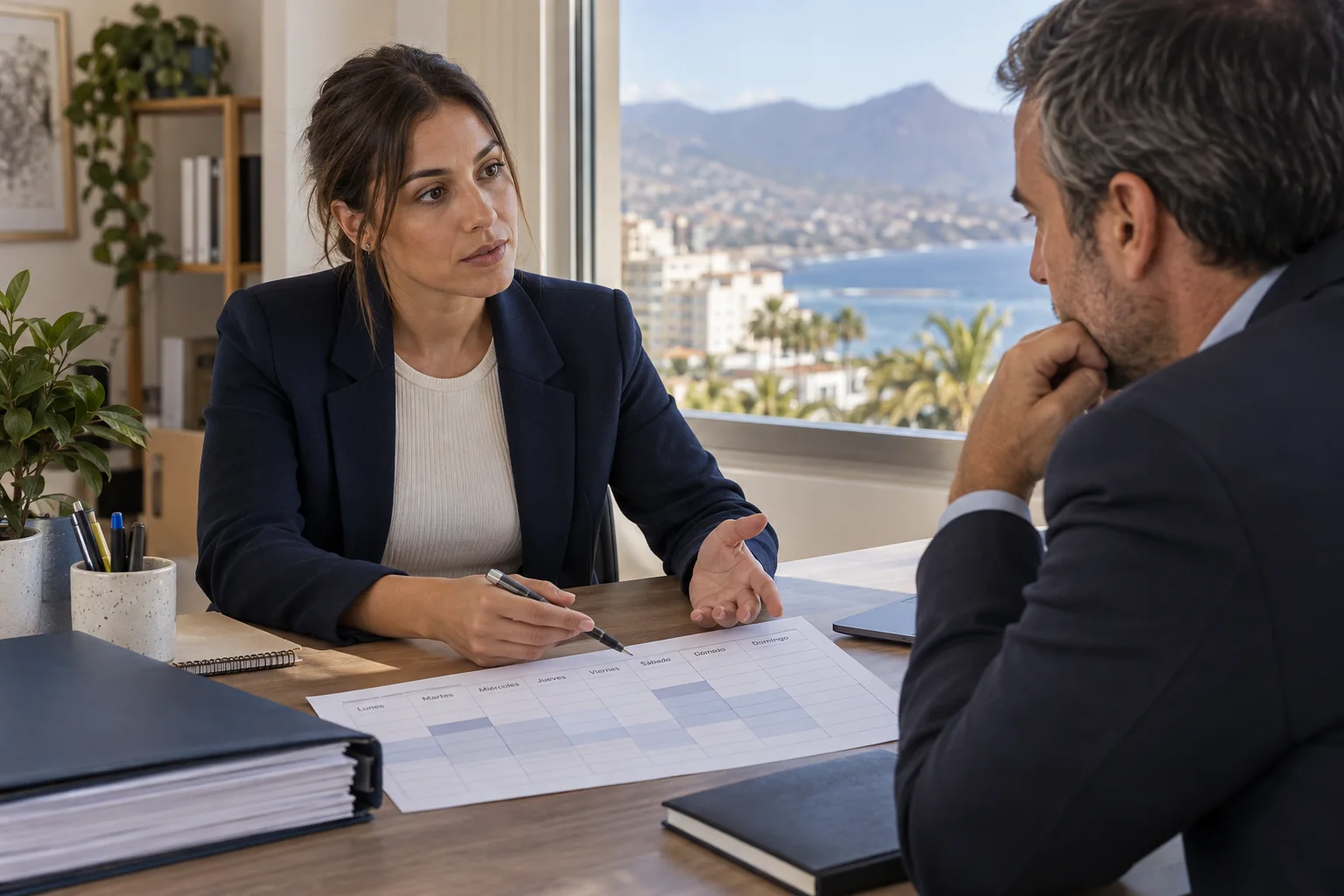 Trabajadora y empresario conversando sobre la jornada laboral