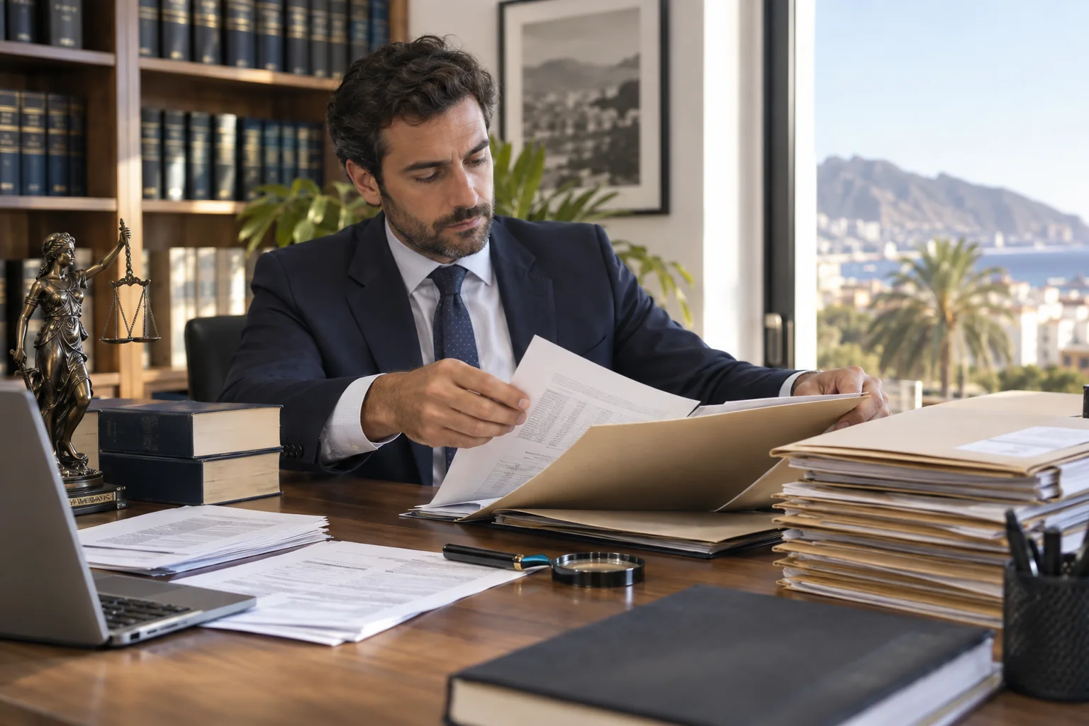 Profesional jurídico ordenando documentación bancaria
