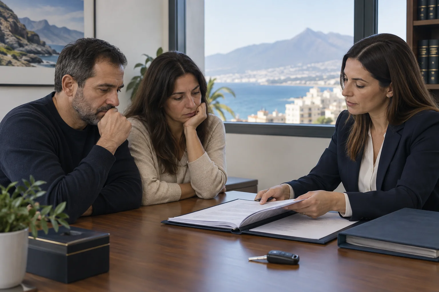 Familiares revisando documentación de un seguro con un abogado